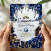 Royal Blue Golden Tiara Floral Quinceañera 招待状