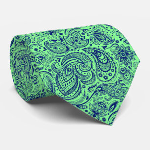Royal-Blue & Green Floral Paisley Pattern ネクタイ