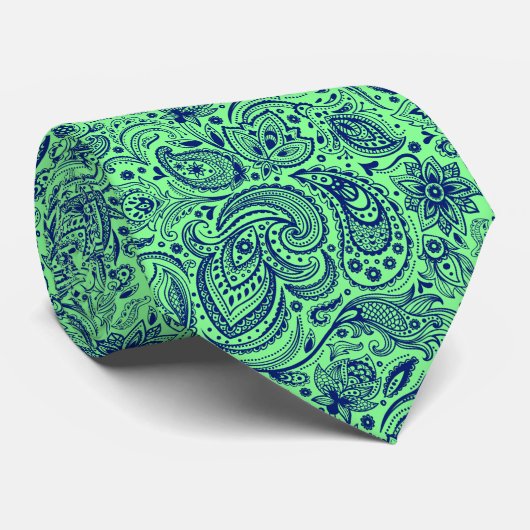 Royal-Blue & Green Floral Paisley Pattern ネクタイ (ロール)