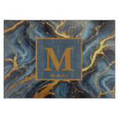 Royal Blue Marble with Golden Veins Monogram カッティングボード (正面)