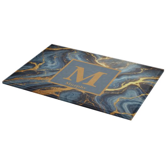 Royal Blue Marble with Golden Veins Monogram カッティングボード (角)