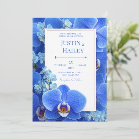 Royal Blue Orchid Modern Tropical Wedding 招待状 (スタンド正面)