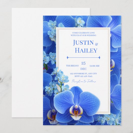 Royal Blue Orchid Modern Tropical Wedding 招待状 (正面/裏面)