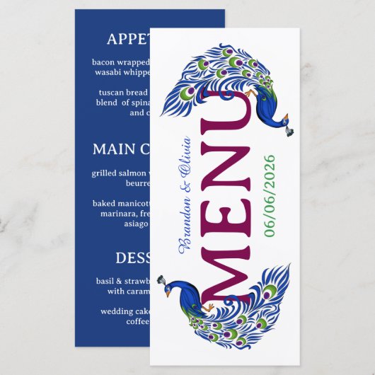 Royal Blue Peacock Wedding Flat Menu メニュー (正面/裏面)