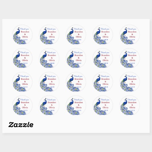 Royal Blue Peacock Wedding Stickers & Labels ラウンドシール (シート)