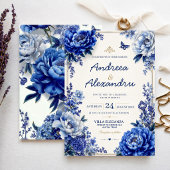 Royal Blue Peony Luxury Floral Elegant Blue Gold 招待状