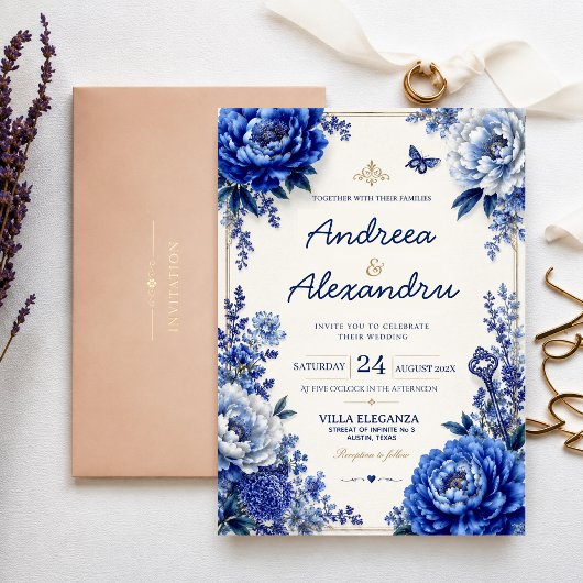 Royal Blue Peony Luxury Floral Elegant Blue Gold 招待状
