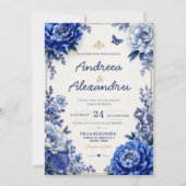 Royal Blue Peony Luxury Floral Elegant Blue Gold 招待状 (正面)
