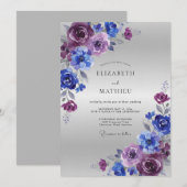 Royal Blue Plum Painterly Winter Wedding 招待状 (正面/裏面)