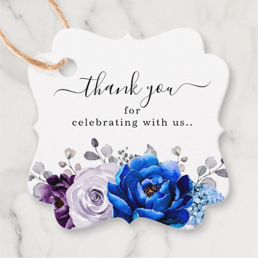 Royal Blue Purple Blooms Wedding Thank You フェイバータグ (正面)