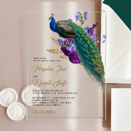 Royal Blue Purple Floral Indian Peacock Wedding アクリル招待状