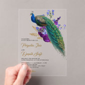 Royal Blue Purple Floral Indian Peacock Wedding アクリル招待状 (インサイチュ (ポータブル))