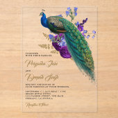 Royal Blue Purple Floral Indian Peacock Wedding アクリル招待状 (正面)