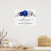 Royal Blue Purple Navy Lilac Bloom Wedding Welcome ポスター (キッチン)
