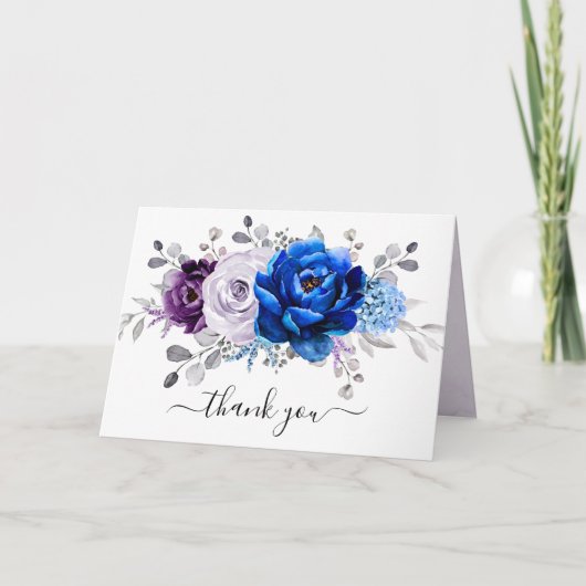 Royal Blue Purple Navy Lilac Blooms Bridal Shower サンキューカード (正面)