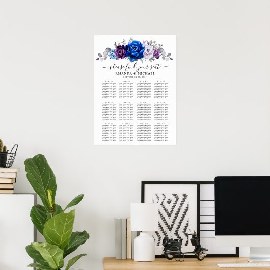 Royal Blue Purple Navy Lilac Blooms Seating Chart ポスター (ホームオフィス)