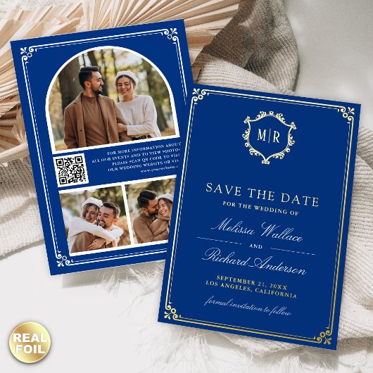Royal Blue QR Code Photo Wedding Save the Date 箔招待状