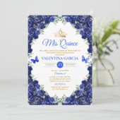 Royal Blue Quinceañera 15 Anos Flowers Gold Crown 招待状 (スタンド正面)