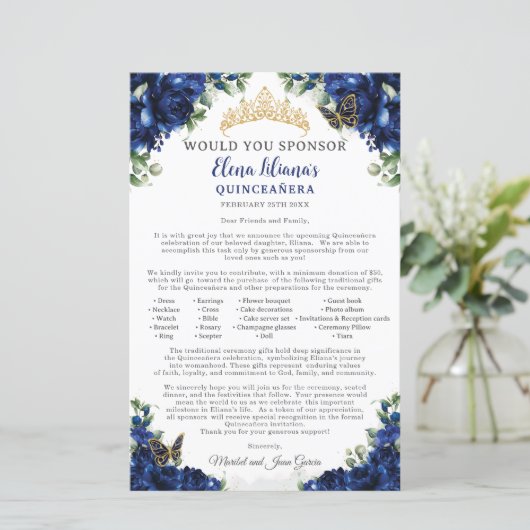 Royal Blue Quinceanera 15 Sponsor Request Letter (スタンド正面)