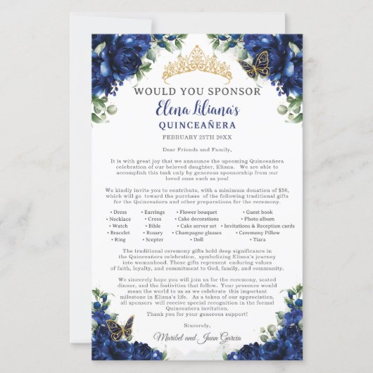 Royal Blue Quinceanera 15 Sponsor Request Letter (正面)