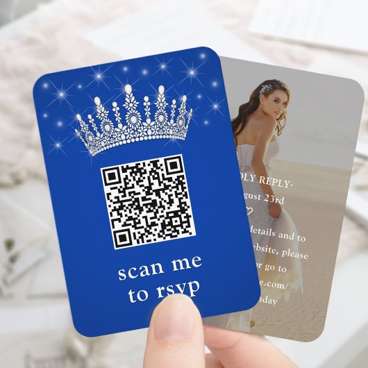 Royal Blue Quinceañera Crown & Stars QR RSVP Photo エンクロージャーカード