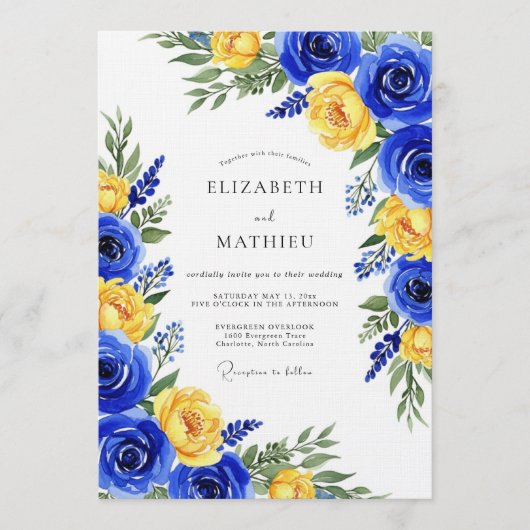 Royal Blue Rose Botanical Wedding 招待状 (正面)