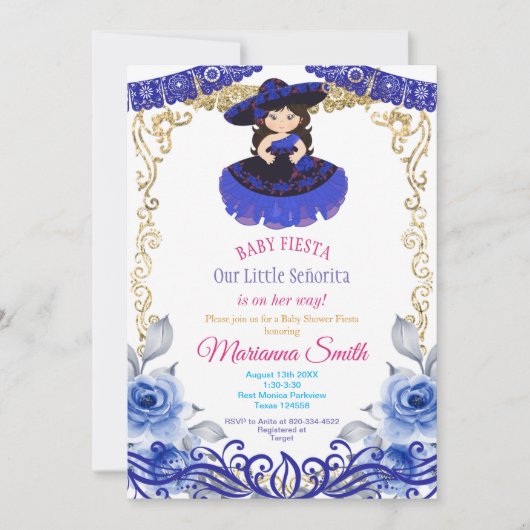 Royal Blue Roses Fiesta Mexicana para Baby Shower 招待状 (正面)