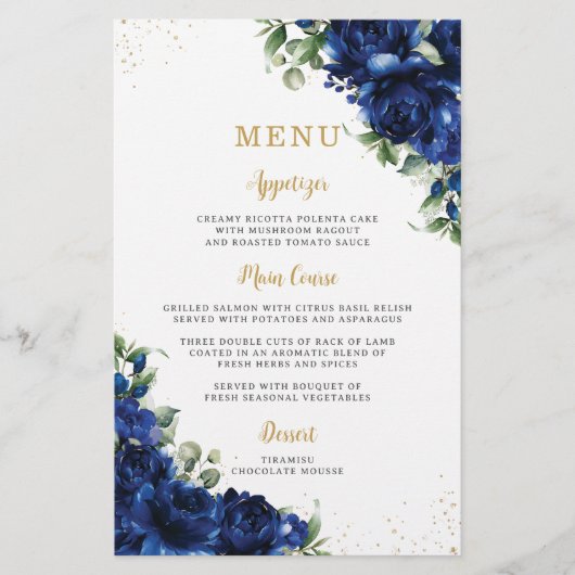 Royal Blue Roses Floral Flowers Menu Sheet  チラシ (正面)