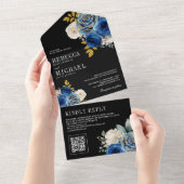 Royal Blue Roses Floral QR Code Black Wedding オールインワン招待状 (貼ってはがせる)