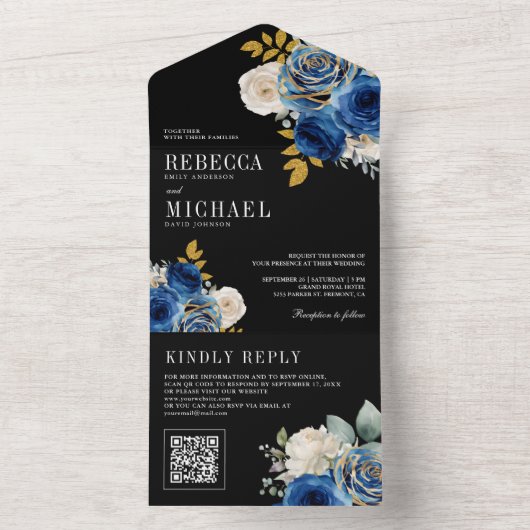 Royal Blue Roses Floral QR Code Black Wedding オールインワン招待状 (内側)