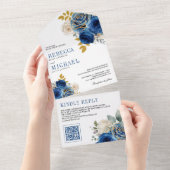 Royal Blue Roses Floral QR Code Wedding オールインワン招待状 (貼ってはがせる)