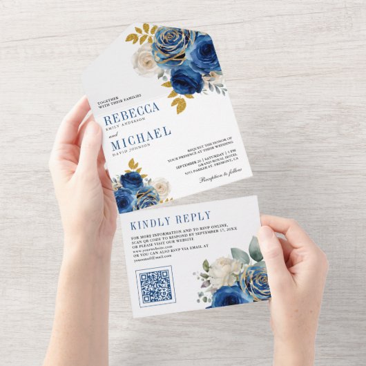 Royal Blue Roses Floral QR Code Wedding オールインワン招待状 (貼ってはがせる)