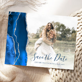Royal Blue Silver Agate Custom Photo Save the Date ポストカード