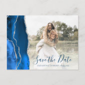 Royal Blue Silver Agate Custom Photo Save the Date ポストカード (正面)