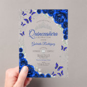 Royal Blue Silver Floral Quinceanera アクリル招待状 (インサイチュ (ポータブル))