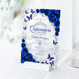 Royal Blue Silver Floral Quinceanera アクリル招待状