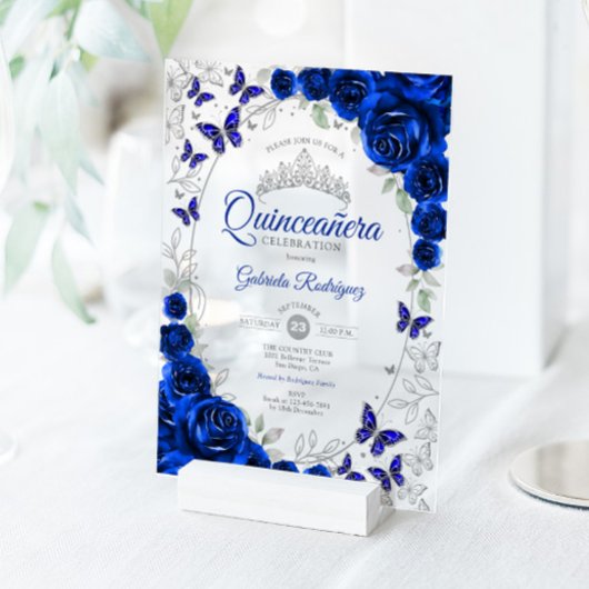 Royal Blue Silver Floral Quinceanera アクリル招待状