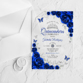 Royal Blue Silver Floral Quinceanera アクリル招待状