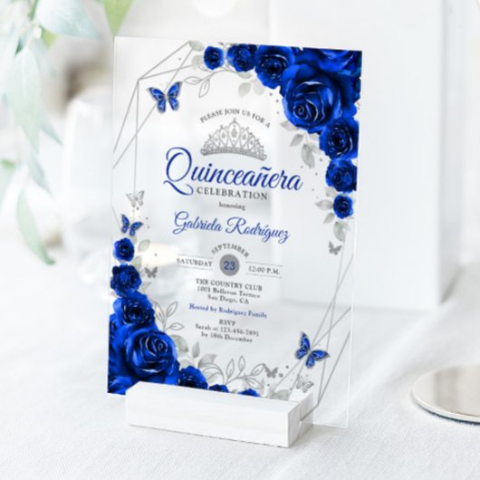 Royal Blue Silver Floral Quinceanera アクリル招待状