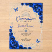 Royal Blue Silver Floral Quinceanera アクリル招待状 (正面)