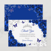Royal Blue Silver Floral Quinceanera サンキューカード (正面/裏面)