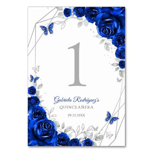 Royal Blue Silver Floral Quinceanera テーブルナンバー (正面)