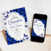 Royal Blue Silver Floral Quinceanera 招待状