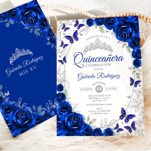 Royal Blue Silver Floral Quinceanera 招待状