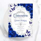 Royal Blue Silver Floral Quinceanera 招待状