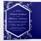 Royal Blue Silver Flourish Swirl Wedding Photo 三つ折り招待状 (内部最初)