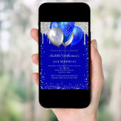 Royal blue silver glitter balloons birthday 招待状