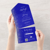 Royal Blue Silver Glitter QR Code Wedding オールインワン招待状 (貼ってはがせる)
