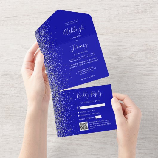 Royal Blue Silver Glitter QR Code Wedding オールインワン招待状 (貼ってはがせる)