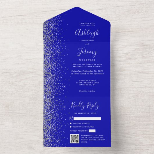Royal Blue Silver Glitter QR Code Wedding オールインワン招待状 (内側)